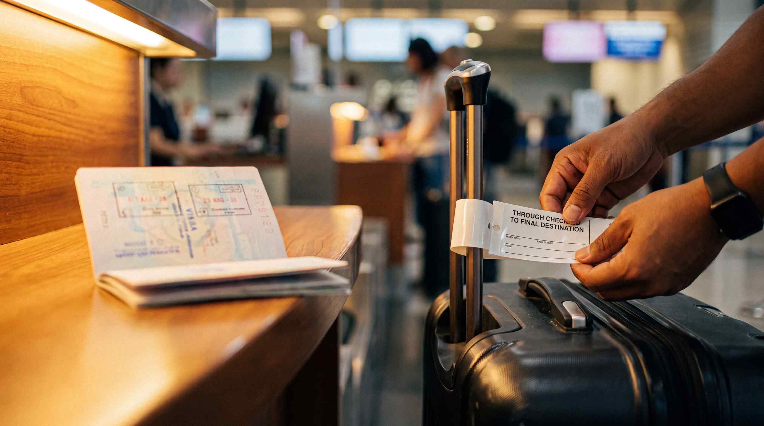 Someone checking their luggage to their final destination with a passport displayed on the counter.